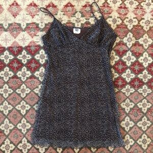 Vintage 90s Leopard Ditsy Mesh lettuce edge Spaghetti Strap Mini Dress sz S